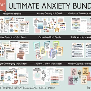 Könnte beinhalten: Ein digitaler druckbarer Bundle mit Arbeitsblättern für Angstzustände, Karten für Bewältigungsfähigkeiten und anderen Ressourcen. Das Bundle enthält Arbeitsblätter zu Themen wie dem Kreislauf der Angst, achtsames Atmen, kognitive Verzerrungen, Erdungstechniken und das Hinterfragen von Gedanken. Das Bundle enthält auch Karten für Bewältigungsfähigkeiten mit positiven Affirmationen und Aussagen. Der Text "65% OFF ULTIMATE ANXIETY BUNDLE" befindet sich oben im Bild. Der Text "DIGITAL PRINTABLE INSTANT DOWNLOAD - 8.5x11" and A4" befindet sich unten im Bild.