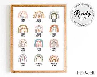 Daily affirmations poster, Mental health poster, Positive affirmations for kids, Growth Mindset, Motivational Poster, therapy office decor