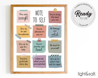 Note to self poster, self care poster, Be kind to yourself, Daily check-in, Mindfulness, Mental health poster, Therapist office