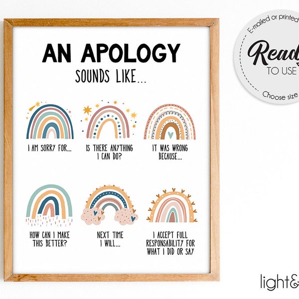 An apology sounds like, How to say I'm sorry poster, Apologizing, Therapist Office decor, School counselor, Classroom Rules, Playroom sign