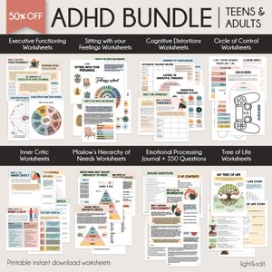 ADHD bundle, Executive functioning, Therapy worksheets, inner critic, circle of control, cognitive distortions, maslow&#39;s hierarchy of needs