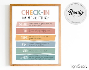 Feelings check in poster, Mental health poster, self care poster, daily affirmations wall art, mindfulness poster, therapist office decor