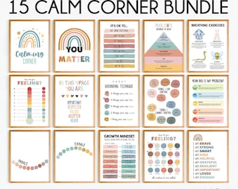 Conjunto de paquete Calming Corner de 15, decoración del aula Boho, cartel de salud mental, decoración de la oficina de terapia, decoración de la oficina del consejero escolar, SEL, CBT