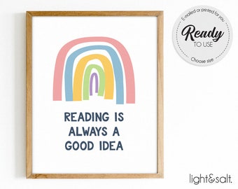 Imprimir "Leer siempre es una buena idea", impresión "Leer", rincón de lectura, decoración de aula, póster de biblioteca, arte mural Montessori, impresión arcoíris