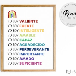 Yo soy valiente, fuerte, amado, Spanish inclusive poster, Positive affirmations for kids, Self Esteem, Homeschool Rainbow classroom decor