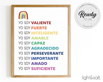 Yo soy valiente, fuerte, amado, Spanish inclusive poster, Positive affirmations for kids, Self Esteem, Homeschool Rainbow classroom decor
