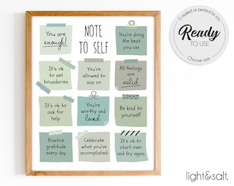 Note to self poster, self care poster, Be kind to yourself, Daily check-in, Mindfulness, Mental health poster, Therapist office