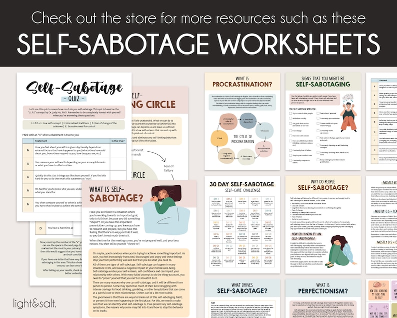 Pu&ograve; includere: Un set di fogli di lavoro stampabili sull'autosabotaggio. I fogli di lavoro includono quiz, sfide di auto-cura e informazioni su procrastinazione, perfezionismo e le ragioni per cui le persone si autosabotano.