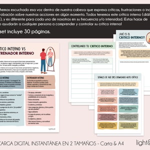 May include: A printable worksheet set with the title "Critical Inner vs. Inner Coach" and "Controlling Your Inner Critic". The worksheets are designed to help people understand and manage their inner critic. The set includes 30 pages and is available in two sizes: letter and A4.