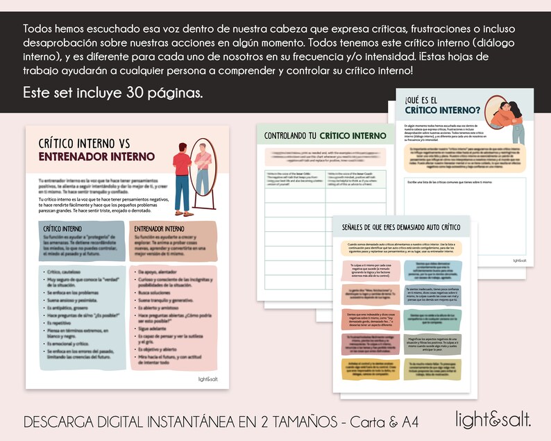 May include: A printable worksheet set with the title "Critical Inner vs. Inner Coach" and "Controlling Your Inner Critic". The worksheets are designed to help people understand and manage their inner critic. The set includes 30 pages and is available in two sizes: letter and A4.