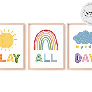 Play all Day printable poster set of 3, Lets Play sign, Nursery wall art, Playroom sign, montessori, playroom decor, boho nursery decor