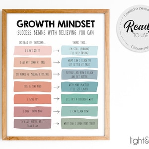 Growth mindset reframe your thoughts poster, therapy office decor, Challenging Negative thoughts, CBT poster, Counselor office decor