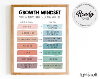Plakat Growth Mindset Reframe Your Thoughts, wystrój gabinetu terapeutycznego, Podważanie negatywnych myśli, plakat CBT, wystrój gabinetu doradcy