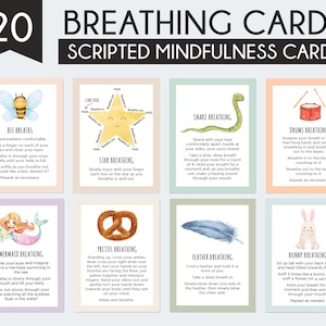 Tarjetas de respiración consciente para niños, alivio de la ansiedad, habilidades de afrontamiento, rincón de calma, consejero escolar, psicología, SEL, zonas de regulación