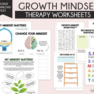 Growth mindset worksheets, challenging negative thoughts, therapy resources, social emotional learning, self love, social psychology, CBT