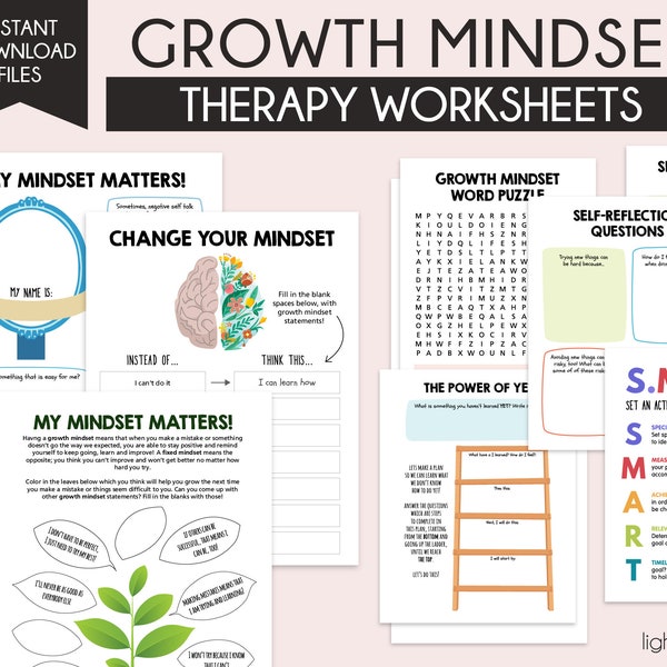 Growth mindset worksheets, challenging negative thoughts, therapy resources, social emotional learning, self love, social psychology, CBT