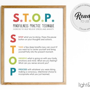 STOP technique, Stress and Anxiety relief, Mental health poster, Feelings poster, Zones of regulation, therapist office decor, Calm down
