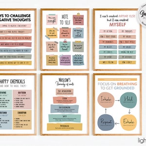 May include: Set of six framed prints with inspirational text. The prints feature various topics, including challenging negative thoughts, self-care, and grounding techniques. The color palette includes soft pastels and neutral tones, with text in a clean, modern font. The frames are a warm wood tone.