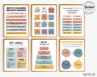 Therapy bundle set of 6 mental health poster, therapy office decor, Grounding technique, coping skills poster, school counselor office decor