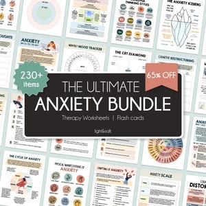 Könnte beinhalten: Ein Paket mit Therapie-Arbeitsblättern und Karteikarten mit dem Titel "The Ultimate Anxiety Bundle". Es enthält über 230 Artikel mit einem Rabatt von 65 %. Die Arbeitsblätter behandeln Themen wie kognitive Umstrukturierung und den Angstkreislauf.