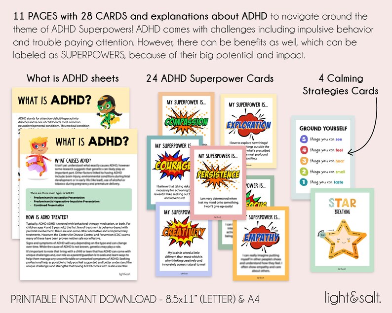 May include: Printable cards and worksheets for teaching about ADHD. The cards feature colorful illustrations of superheroes with the text "My Superpower is..." and different superpowers like compassion, exploration, courage, persistence, focus, creativity, and empathy. The worksheets explain what ADHD is, what causes it, and how it is treated. The cards are designed to help children understand and manage their ADHD.