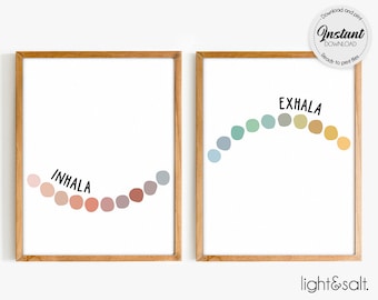 Inhale exhale, Spanish Set of 2 prints, inhala y exhala, Therapy office decor, Counselor office decor, Mental health poster, mindfulness