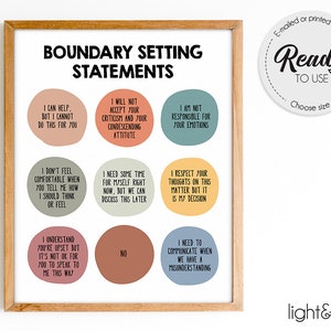 May include: Printable poster with the title "Boundary Setting Statements" and nine colorful circles containing phrases for setting boundaries in relationships. The phrases include "I can help, but I cannot do this for you", "I will not accept your criticism and your condescending attitude", "I am not responsible for your emotions", "I don't feel comfortable when you tell me how I should think or feel", "I need some time for myself right now, but we can discuss this later", "I respect your thoughts on this matter but it is my decision", "I understand you're upset but it's not ok for you to speak to me this way", "No", and "I need to communicate when we have a misunderstanding".