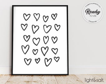 Heart print, love print, hand drawn hearts, hearts illustration, romantic wall art, home decor, Black and White, minimalistic wall art