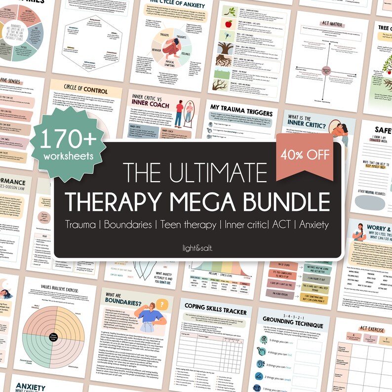 Therapy worksheets bundle, anxiety worksheets, inner critic, boundaries, trauma therapy, ACT acceptance and commitment therapy, Teen therapy image 2