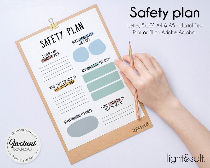 May include: Printable safety plan worksheet with sections for identifying triggers, coping skills, support contacts, helpful resources, and personal strengths. The worksheet is on a clipboard with a pencil.
