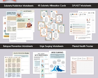 Sobriety mega bundle, 45% OFF, therapy resources, addiction recovery, worksheets, relapse prevention plan, urge surfing, sobriety worksheets