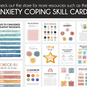 May include: A set of 10 printable anxiety coping skill cards with colorful illustrations and text. The cards feature techniques like box breathing, rainbow grounding, and examining the evidence. The cards are designed to help manage anxiety and promote mental well-being.