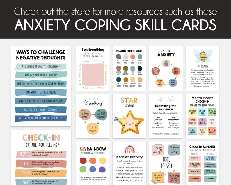 May include: A set of 10 printable anxiety coping skill cards with colorful illustrations and text. The cards feature techniques like box breathing, rainbow grounding, and examining the evidence. The cards are designed to help manage anxiety and promote mental well-being.