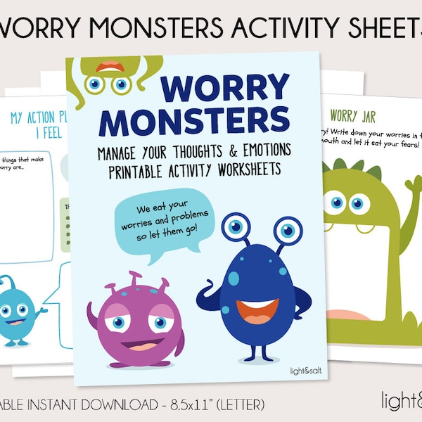 Cahier d'activités Worry Monster, feuilles de travail sur l'anxiété, capacités d'adaptation pour les enfants, zones de régulation, apprentissage socio-émotionnel, feuilles de travail CBT, DBT