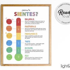 Puede incluir: Un gráfico colorido con una escala similar a un termómetro que muestra diferentes emociones y sus descripciones correspondientes. Las emociones son: Feliz, Tranquilo, Triste, Preocupado, Frustrado y Enojado. Cada emoción está representada por una cara de dibujos animados y un número del 0 al 5.