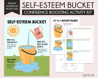 The self esteem bucket, confidence activity for kids, teen mental health, Confidence workbook, therapy worksheet, self worth, self love, CBT