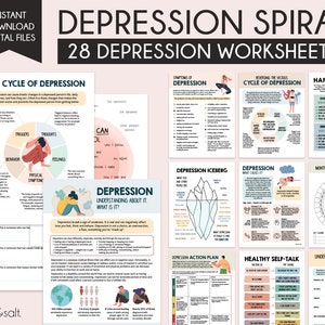 The depression spiral worksheets, depression, Anxiety worksheets, therapy worksheets, growth mindset, self esteem worksheet, DBT, CBT