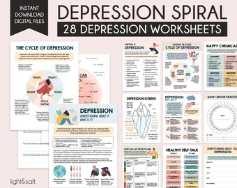 Depression Worksheets Bundle, Anxiety, Self Esteem, CBT, DBT (Digital Download)