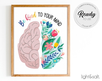 Be kind to your mind print, brain poster, Growth mindset poster, therapy office decor, Counselor office decor, calm down corner poster