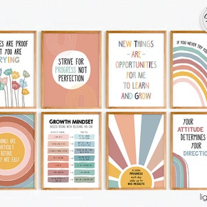 Growth mindset posters set of 8, mental health posters, school counselor office decor, therapy office decor, calming corner, Classroom Decor