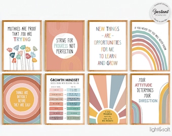 Growth mindset posters set of 8, mental health posters, school counselor office decor, therapy office decor, calming corner, Classroom Decor