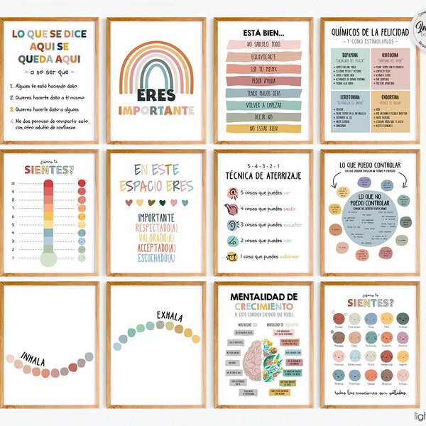 Ensemble de 12 affiches de décoration de bureau de conseiller scolaire d'espagnol, affiche sur la santé mentale, décoration de bureau de thérapie, décoration de bureau de conseiller, psychothérapie