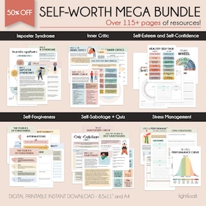 Self worth worksheets bundle, confidence, imposter syndrome, self care, inner critic, self sabotage, self esteem, mental health, identity