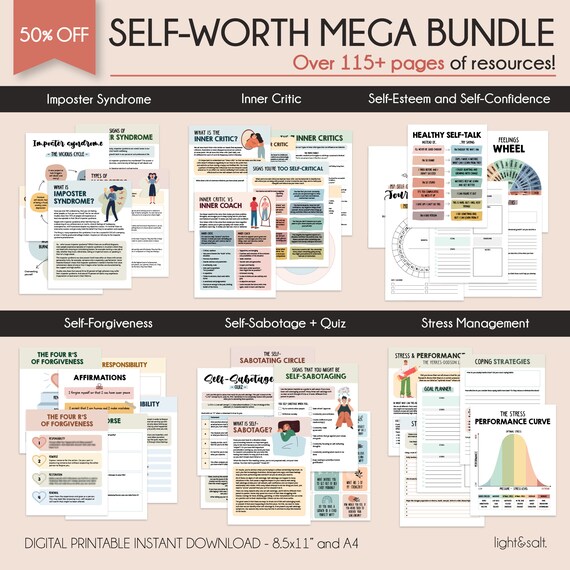 Self worth worksheets bundle, confidence, imposter syndrome, self care, inner critic, self sabotage, self esteem, mental health, identity