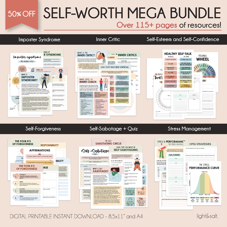 May include: A digital printable bundle of self-worth resources, including worksheets on imposter syndrome, inner critic, self-forgiveness, self-sabotage, and stress management. The bundle includes over 115 pages of resources and is available for instant download in 8.5x11" and A4 sizes.