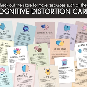 May include: A set of colorful cards with illustrations and text about cognitive distortions. The cards are designed to help people identify and challenge negative thought patterns. The cards feature titles such as "Should and Must Statements", "Overgeneralizing", "Personalization", "Emotional Reasoning", "Magical Thinking", "Disqualifying the Positive", "Overthinking Bias", "Minimization", "Assumed Similarity", "Biased Social Attention", "Cognitive Distortions", and "Fallacy of Change".