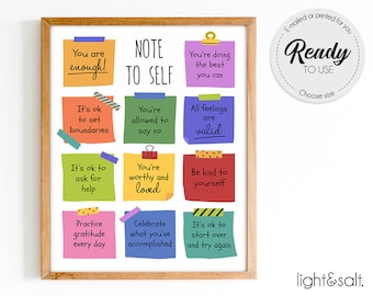 Note to self poster, self care poster, Be kind to yourself, Daily check-in, Mindfulness, Mental health poster, Therapist office