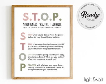 STOP technique, Stress and Anxiety relief, Mental health poster, Feelings poster, Zones of regulation, therapist office decor, Calm down