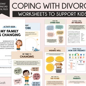Divorce worksheets for kids, separation journal, therapy worksheets, therapy workbook, kids feelings, social emotional regulation, divorce