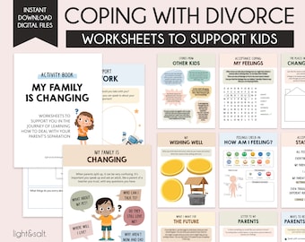 Divorce worksheets for kids, separation journal, therapy worksheets, therapy workbook, kids feelings, social emotional regulation, divorce